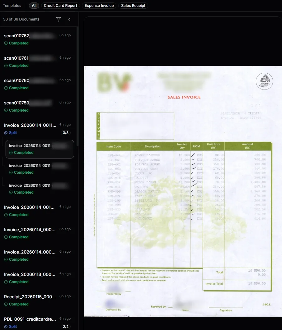 A three-invoice PDF open in CernaFlow. In the list, the bundle carries a Split tag and 3/3, with its three invoices indented beneath it. The first invoice is open: the scanned sales invoice on the left, and beside it the fields read from it, including invoice number BZV00107769, date 2026-01-14, a total of 10556 and line items such as Pomme d'amour, 10 at 80. Names and tax numbers are blurred.